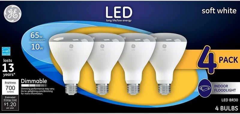 GE LED BR30 Floodlight Bulbs, Soft White, 65W Replacement, 4 Pack
