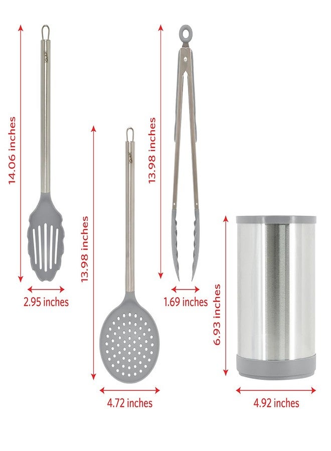 Glad Kitchen Utensils Set, 8pcs - Nonstick Cooking Tools with Stainless Steel Handles & Rotating Utensil Holder - Turners, Ladle, Spoon, Tongs, Spaghetti Server, and Skimmer - Dishwasher Safe, Grey - Image 5