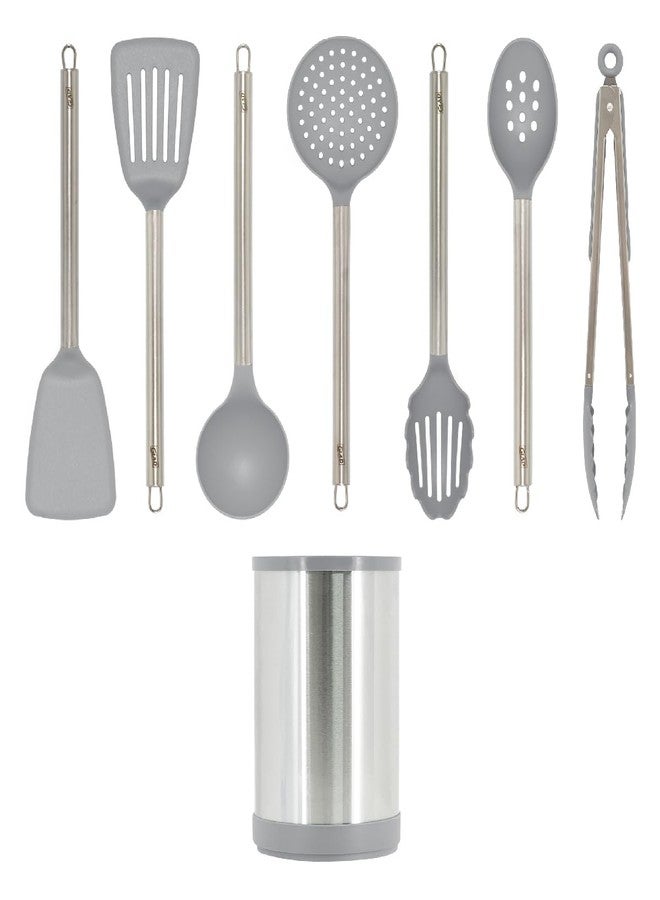 Glad Kitchen Utensils Set, 8pcs - Nonstick Cooking Tools with Stainless Steel Handles & Rotating Utensil Holder - Turners, Ladle, Spoon, Tongs, Spaghetti Server, and Skimmer - Dishwasher Safe, Grey - Image 3