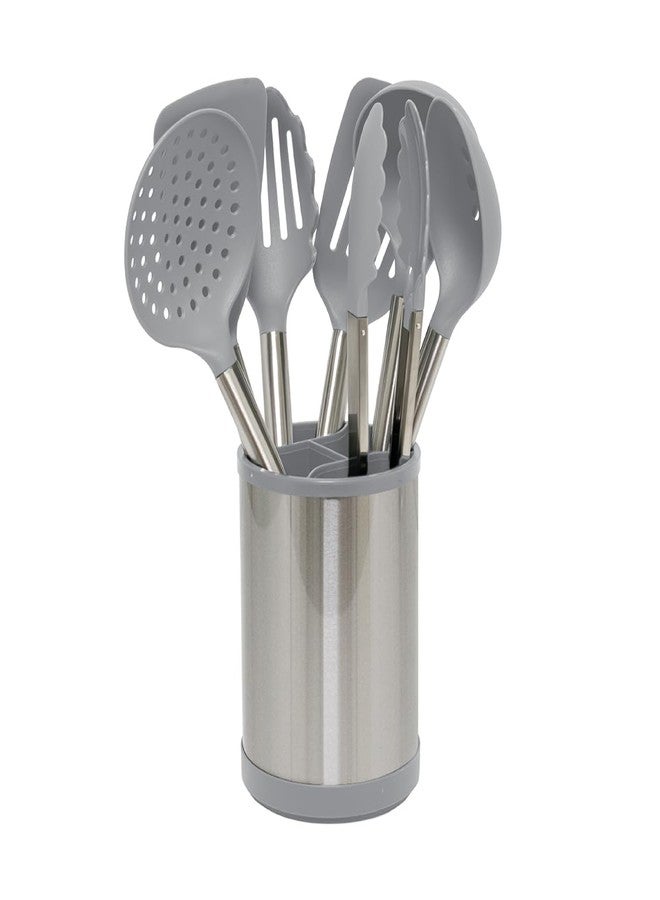 Glad Kitchen Utensils Set, 8pcs - Nonstick Cooking Tools with Stainless Steel Handles & Rotating Utensil Holder - Turners, Ladle, Spoon, Tongs, Spaghetti Server, and Skimmer - Dishwasher Safe, Grey - Image 1