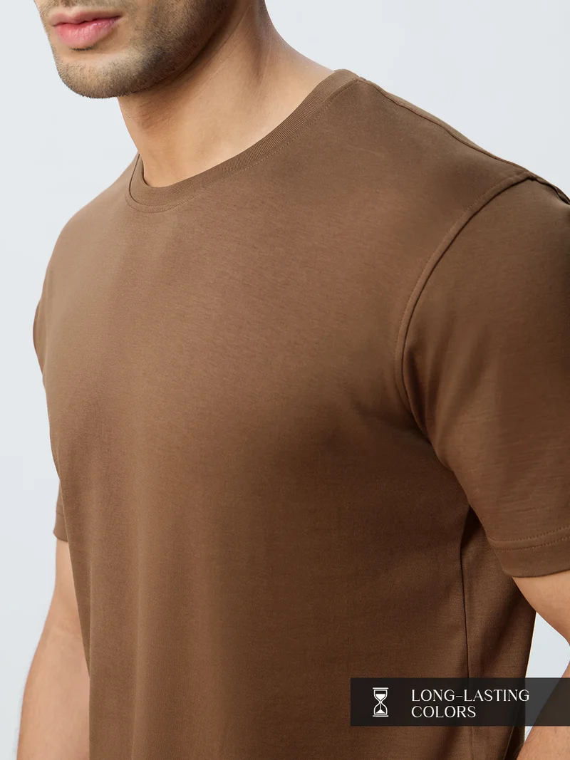 The Souled Store The Souled Store Supima: Dusky Mocha Men and Boys Short Sleeves Round Neck Solid Cotton Regular Fit Lightweight Breathable Durable Everyday Comfortable T-Shirt