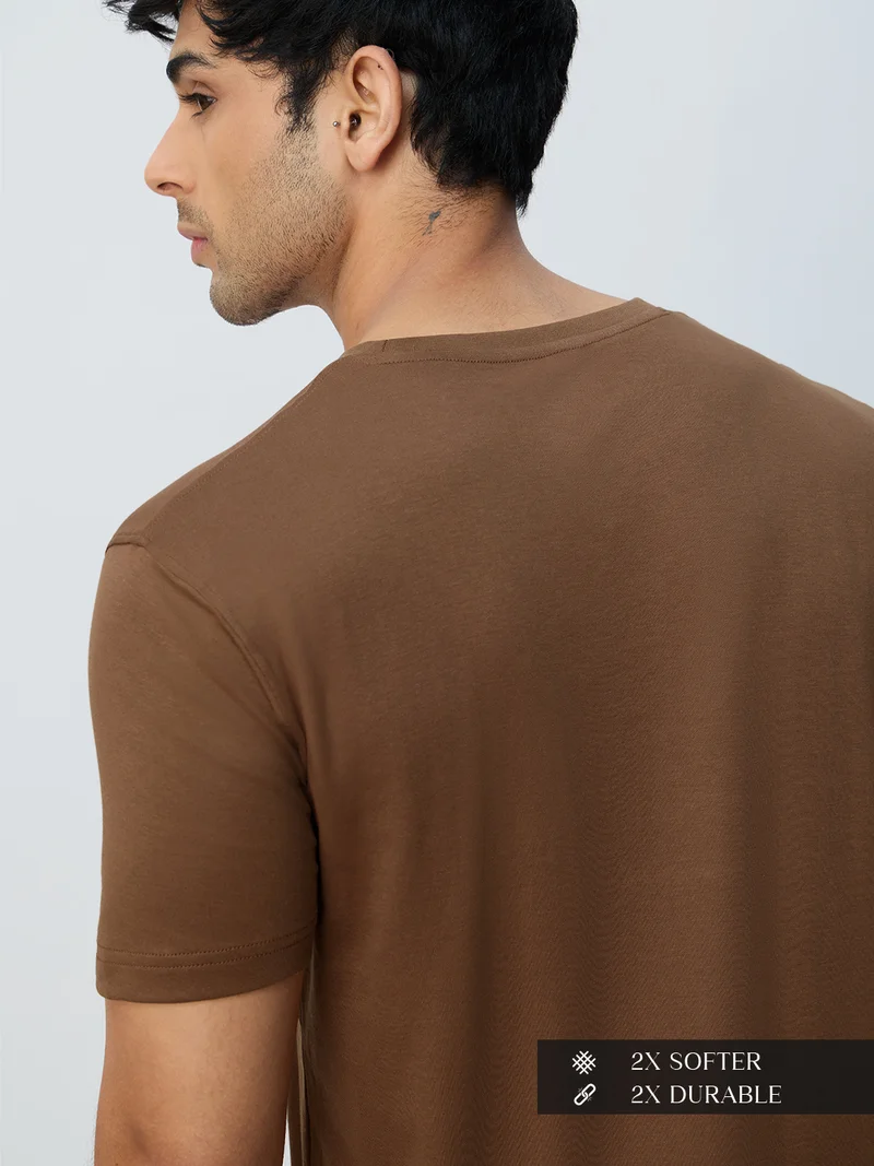 The Souled Store  The Souled Store Supima: Dusky Mocha Men and Boys Short Sleeves Round Neck Solid Cotton Regular Fit Lightweight Breathable Durable Everyday Comfortable T-Shirt  | Best Price UAE