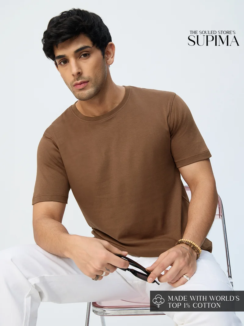 The Souled Store The Souled Store Supima: Dusky Mocha Men and Boys Short Sleeves Round Neck Solid Cotton Regular Fit Lightweight Breathable Durable Everyday Comfortable T-Shirt