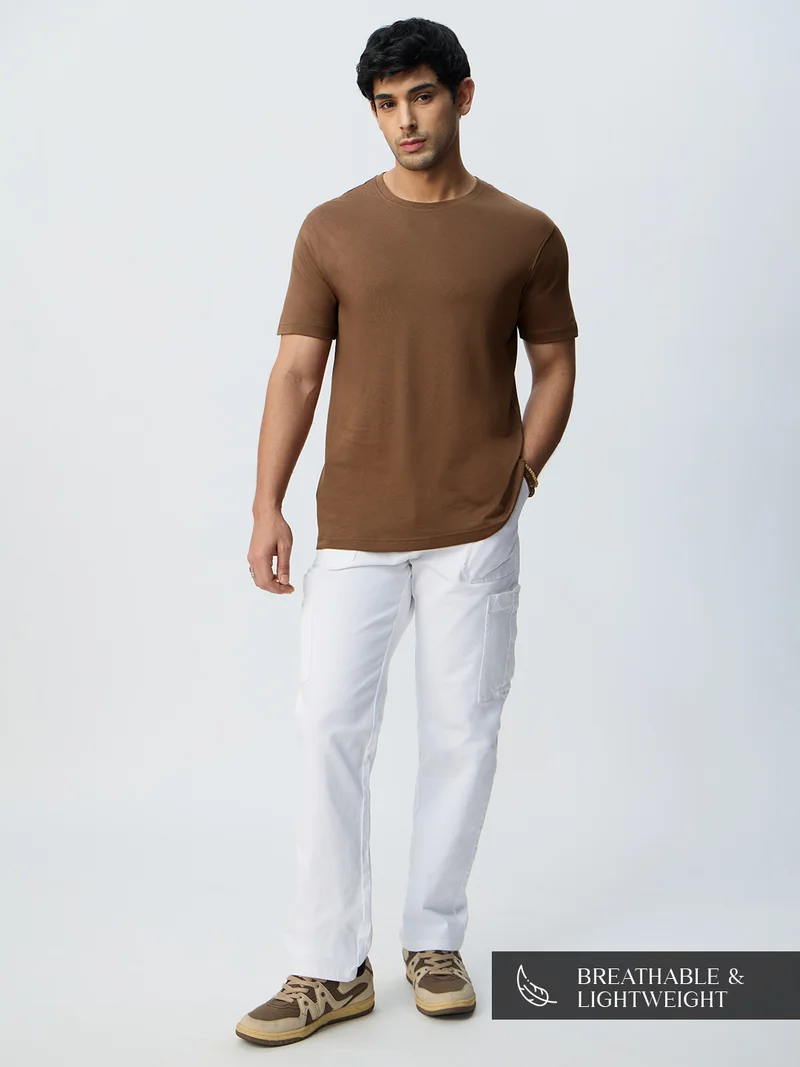 The Souled Store  The Souled Store Supima: Dusky Mocha Men and Boys Short Sleeves Round Neck Solid Cotton Regular Fit Lightweight Breathable Durable Everyday Comfortable T-Shirt  | Best Price UAE