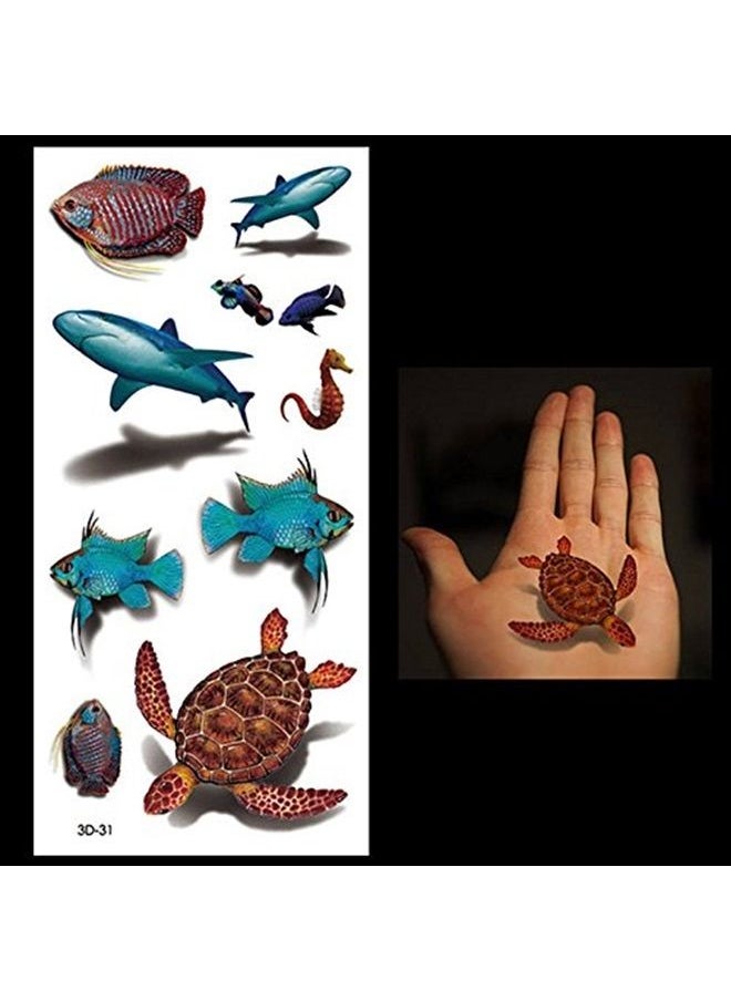 Oottati 3D Beach Sea Marine Animal - Underwater World Shark Turtle Hippocampus Fish Hand Temporary Tattoo (2 Sheets)  - Image 4