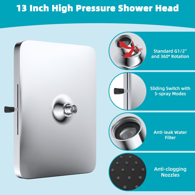 Hibbent cUPC Certified 5 Spray Modes Shower Head, 13'' High Pressure Large Rainfall Shower Head, High Flow Waterfall Bathroom Fixed Showerheads with Adjustable Swivel Ball Joint, Chrome - Image 5