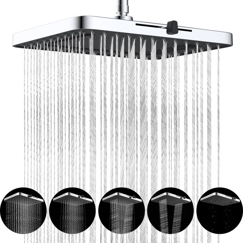Hibbent cUPC Certified 5 Spray Modes Shower Head, 13'' High Pressure Large Rainfall Shower Head, High Flow Waterfall Bathroom Fixed Showerheads with Adjustable Swivel Ball Joint, Chrome - Image 1