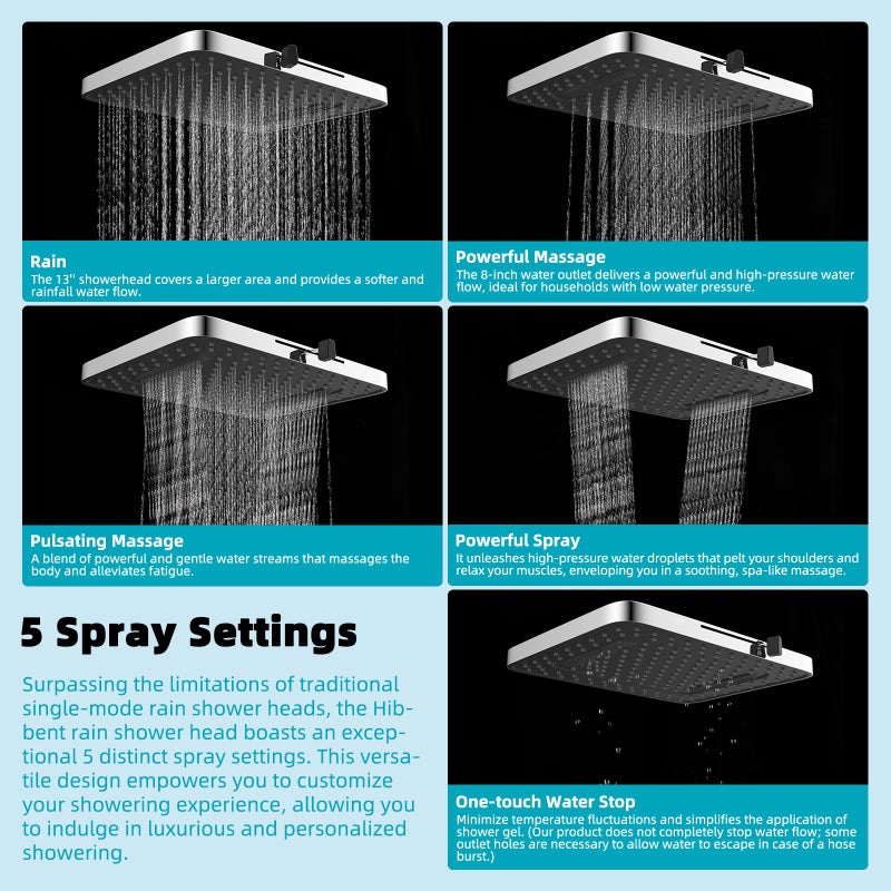 Hibbent cUPC Certified 5 Spray Modes Shower Head, 13'' High Pressure Large Rainfall Shower Head, High Flow Waterfall Bathroom Fixed Showerheads with Adjustable Swivel Ball Joint, Chrome - Image 2