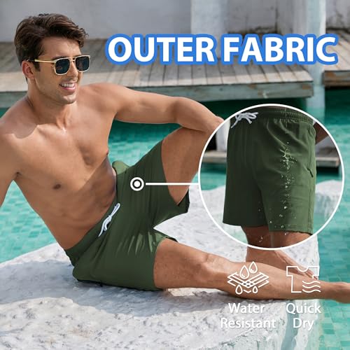 Srnede Mens Swim Trunks Swim Shorts Board Shorts Quick Dry Swimwear Bathing Suits with Compression Line Army Green - Image 3