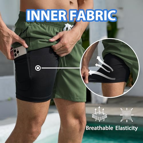 Srnede Mens Swim Trunks Swim Shorts Board Shorts Quick Dry Swimwear Bathing Suits with Compression Line Army Green - Image 2