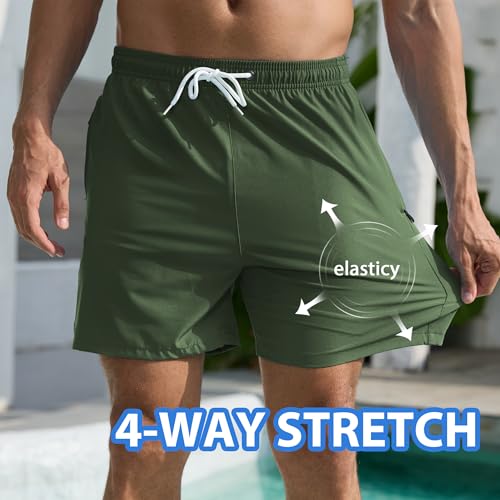 Srnede Mens Swim Trunks Swim Shorts Board Shorts Quick Dry Swimwear Bathing Suits with Compression Line Army Green - Image 5