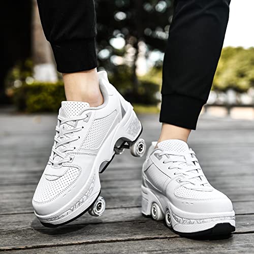 Deformation Roller Skates Roller Skate Shoes for Women Four Rounds Children's Roller Skates Shoes That Turn into Rollerskates Sneakers Outdoor Light Shoes with Wheels for Girls/Boys (White Silver, US 5.5) - Image 2