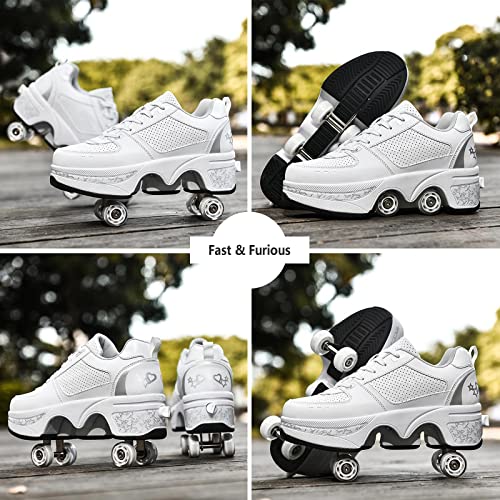 Deformation Roller Skates Roller Skate Shoes for Women Four Rounds Children's Roller Skates Shoes That Turn into Rollerskates Sneakers Outdoor Light Shoes with Wheels for Girls/Boys (White Silver, US 5.5) - Image 5