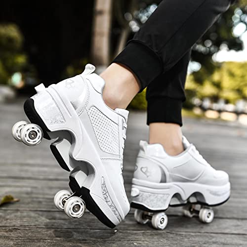 Deformation Roller Skates Roller Skate Shoes for Women Four Rounds Children's Roller Skates Shoes That Turn into Rollerskates Sneakers Outdoor Light Shoes with Wheels for Girls/Boys (White Silver, US 5.5) - Image 3