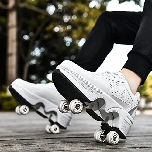 Deformation Roller Skates Roller Skate Shoes for Women Four Rounds Children's Roller Skates Shoes That Turn into Rollerskates Sneakers Outdoor Light Shoes with Wheels for Girls/Boys (White Silver, US 5.5) - Image 4