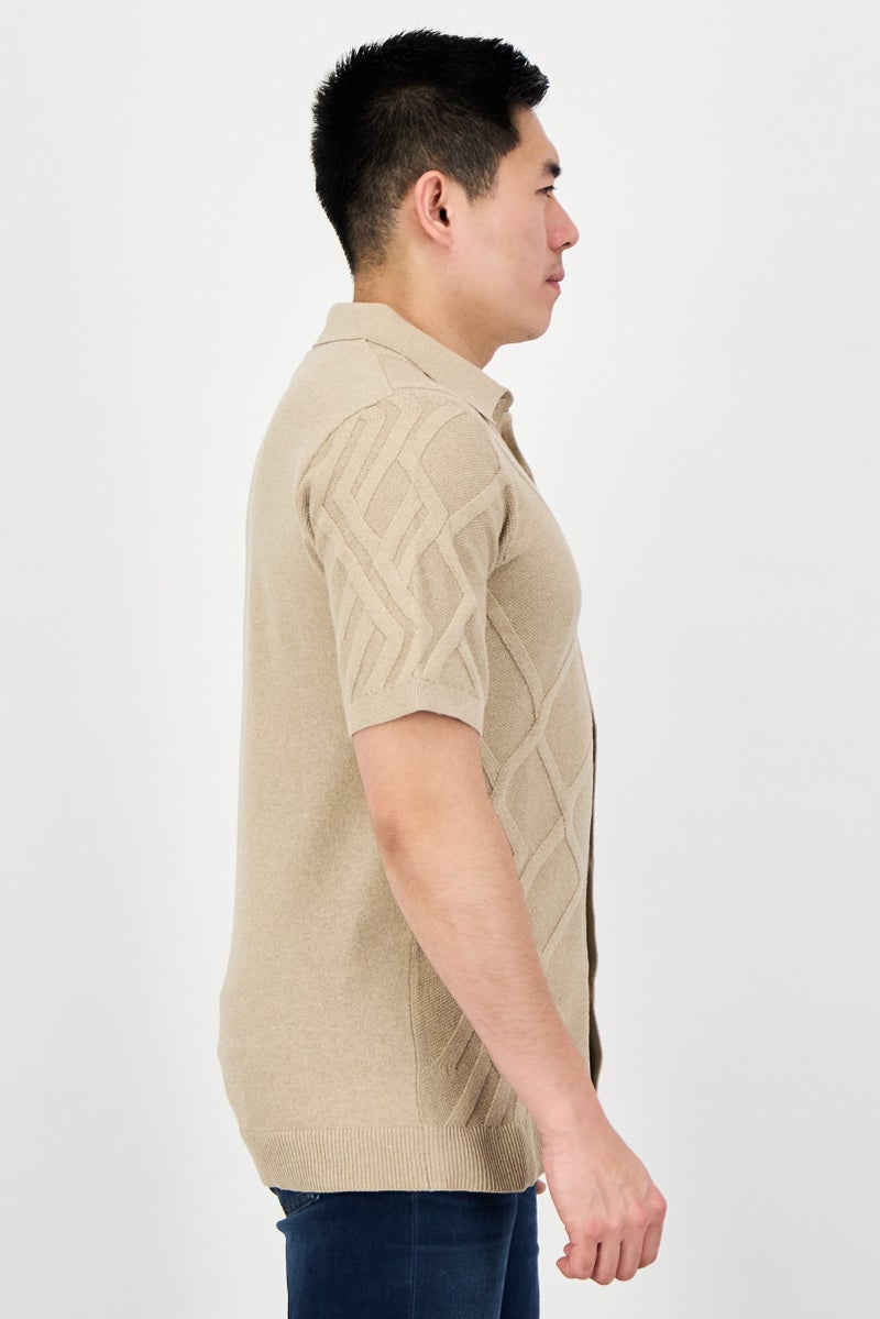 Threadbare Men Regular Fit Knitted Short Sleeve Casual Shirt, Beige - Image 2