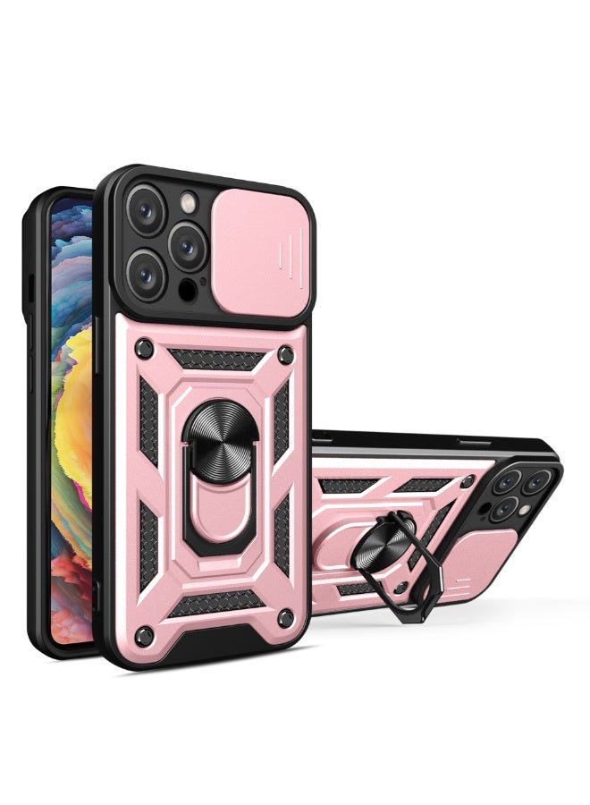 Shunjia Sliding Window Case, Shockproof Rugged Armor with Sliding Camera Cover & 360° Ring Kickstand, Compatible with Apple iPhone 14 Pro Max (Rose Gold)