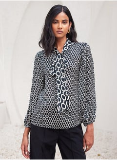 Trendy Geometric Pattern Top with Stylish Tie-Up Neckline and Full Length Blouson Sleeves Perfect for Chic Everyday Wear and Special Occasions
