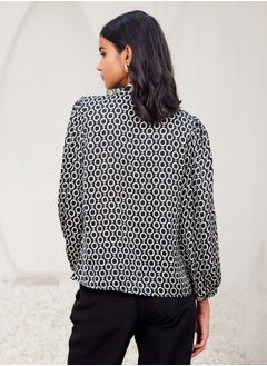 Salt Attire Women's Trendy Geometric Pattern Top with Stylish Tie-Up Neckline and Full Length Blouson Sleeves Perfect for Chic Everyday Wear and Special Occasions  - Image 5