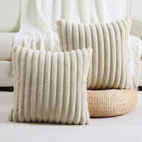 AEROHAVEN™ Premium Faux Rabbit Fur Plush Luxury Soft Fluffy Striped Decorative Throw Pillow/Cushion Covers for Sofa, Couch, Living Room - CC283 - (2, Beige, 16 x 16 Inch) - Image 1
