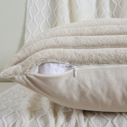 AEROHAVEN™ Premium Faux Rabbit Fur Plush Luxury Soft Fluffy Striped Decorative Throw Pillow/Cushion Covers for Sofa, Couch, Living Room - CC283 - (2, Beige, 16 x 16 Inch) - Image 3