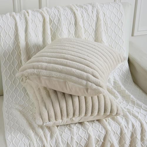 AEROHAVEN™ Premium Faux Rabbit Fur Plush Luxury Soft Fluffy Striped Decorative Throw Pillow/Cushion Covers for Sofa, Couch, Living Room - CC283 - (2, Beige, 16 x 16 Inch) - Image 5