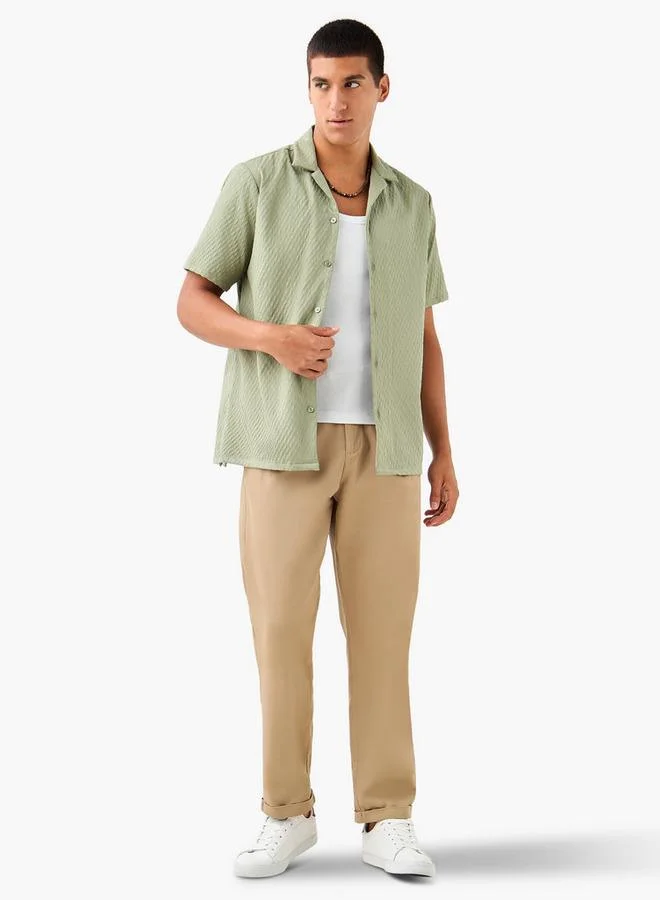 Splash FAV Regular Fit Dobby Textured Shirt with Camp Collar and Short Sleeves