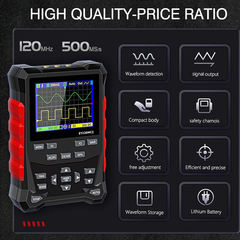 2 Channel 120MHz Handheld Oscilloscope Portable Digital Oscilloscope Multimeter Waveform Generator - Image 4