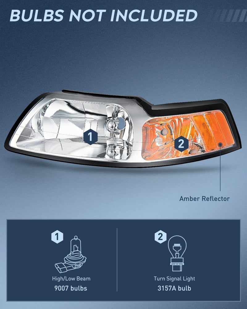 Nilight Headlight Assembly for 1999 2000 2001 2002 2003 2004 Ford Mustang Headlamps Replacement Chrome Housing Amber Reflector Driver and Passenger Side - Image 2