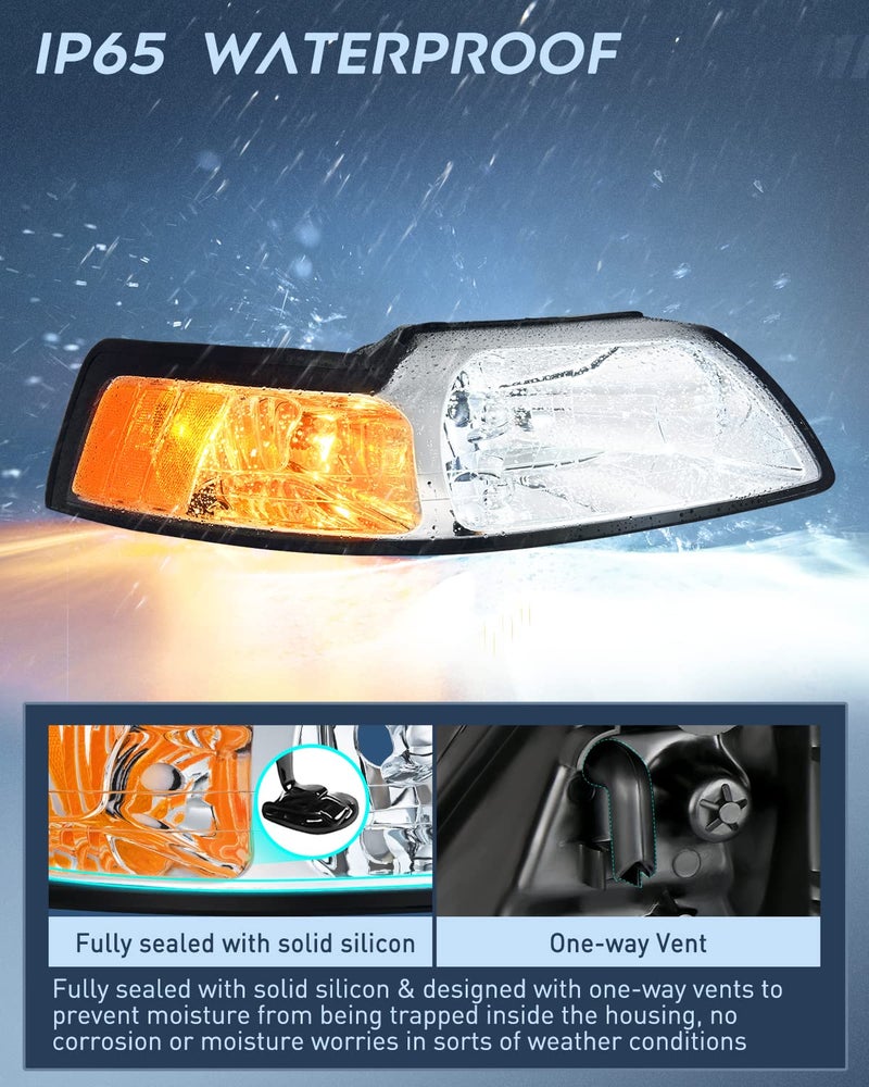 Nilight Headlight Assembly for 1999 2000 2001 2002 2003 2004 Ford Mustang Headlamps Replacement Chrome Housing Amber Reflector Driver and Passenger Side - Image 4