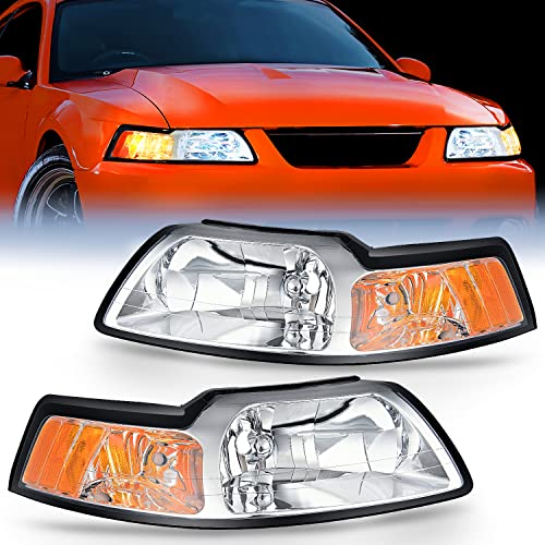 Nilight Headlight Assembly for 1999 2000 2001 2002 2003 2004 Ford Mustang Headlamps Replacement Chrome Housing Amber Reflector Driver and Passenger Side - Image 1