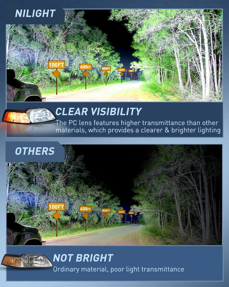 Nilight Headlight Assembly for 1999 2000 2001 2002 2003 2004 Ford Mustang Headlamps Replacement Chrome Housing Amber Reflector Driver and Passenger Side - Image 3