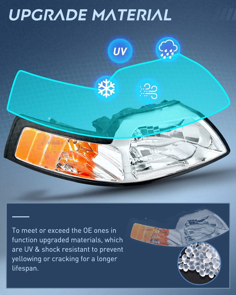 Nilight Headlight Assembly for 1999 2000 2001 2002 2003 2004 Ford Mustang Headlamps Replacement Chrome Housing Amber Reflector Driver and Passenger Side - Image 5