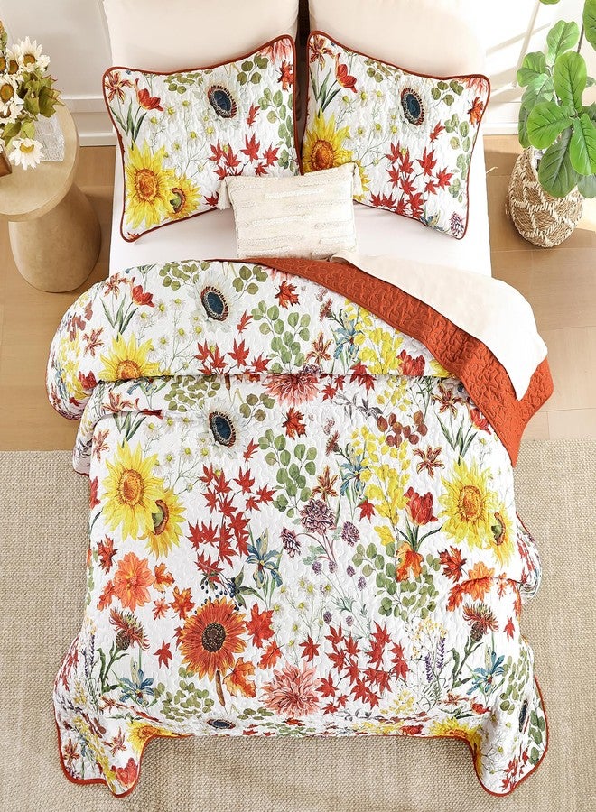 Yiran Fall Floral Quilt Set Queen Size, Orange Red Sunflower Botanical Bedspread Bedding Set, 3 Pieces Soft Lightweight Microfiber Coverlet with 2 Pillow Shams for All Season 96x90 Inch - Image 4