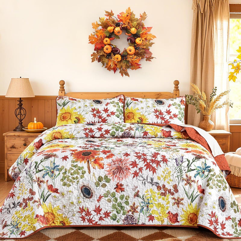 Yiran Fall Floral Quilt Set Queen Size, Orange Red Sunflower Botanical Bedspread Bedding Set, 3 Pieces Soft Lightweight Microfiber Coverlet with 2 Pillow Shams for All Season 96x90 Inch - Image 1