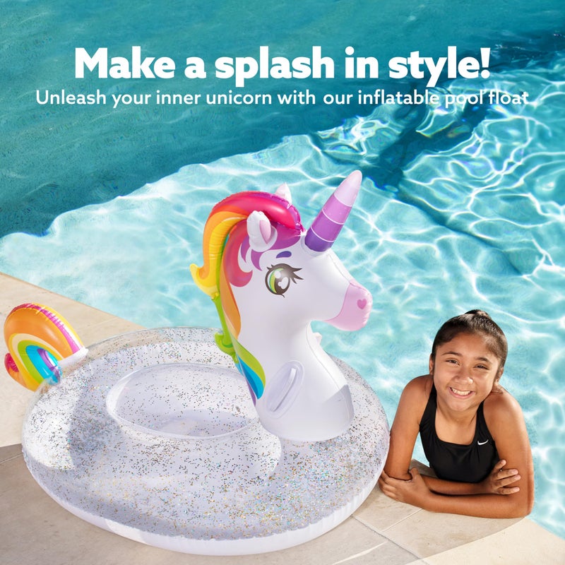 JOYIN Unicorn Pool Float Kids - Inflatable Rainbow Unicorn Floaty with Glitters Fun Floats, Ride On Beach Lake Floaties Raft Lounge, Party in Summer Decorations Pool Toys for Kids - Image 4