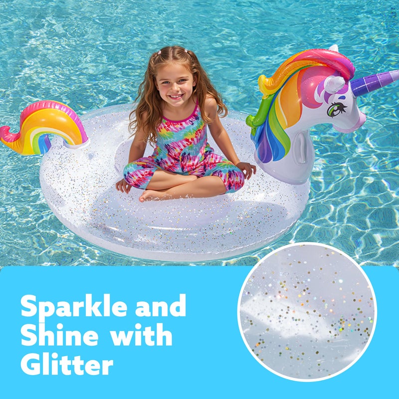 JOYIN Unicorn Pool Float Kids - Inflatable Rainbow Unicorn Floaty with Glitters Fun Floats, Ride On Beach Lake Floaties Raft Lounge, Party in Summer Decorations Pool Toys for Kids - Image 2