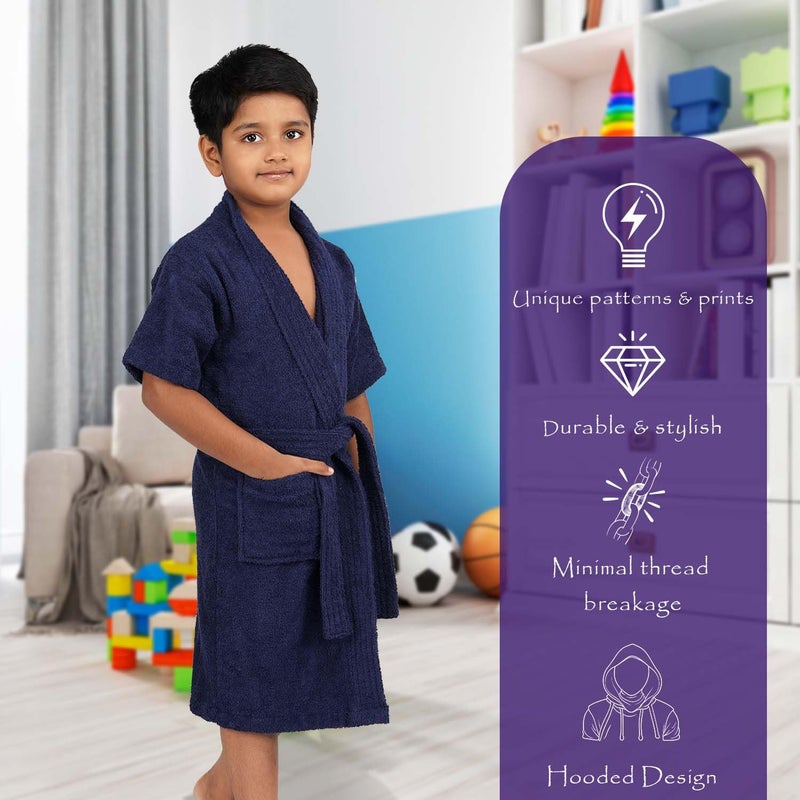 Rangoli Mini Noble 100% Cotton Kids Bathrobe, 400 GSM - Navy Blue for Ages 3 to 4 Years - Image 3