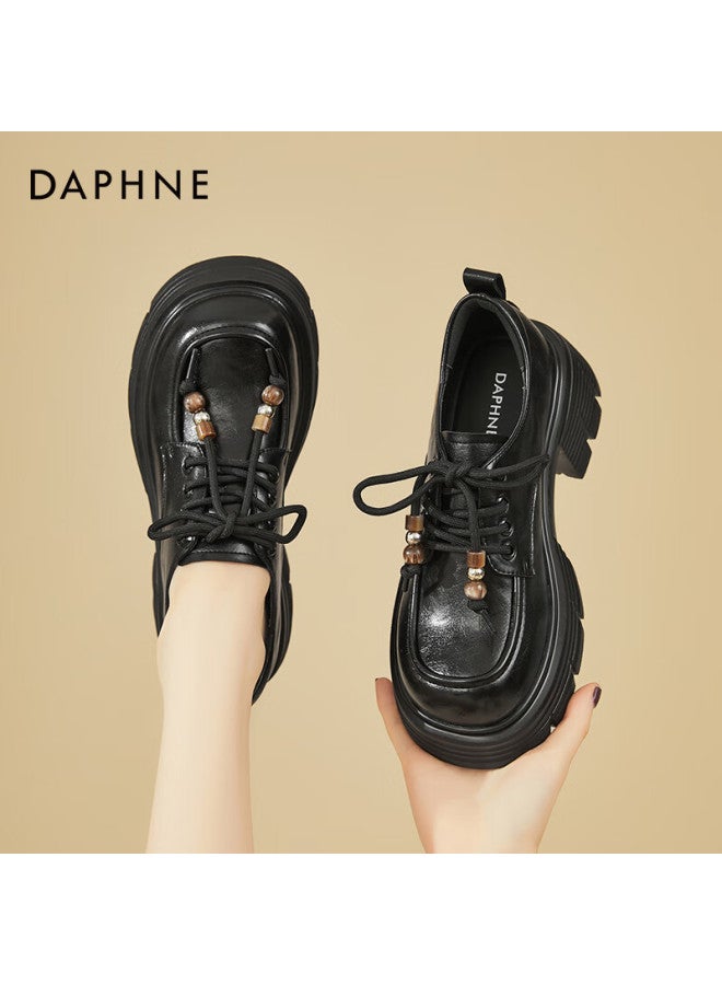 Daphne Women's Low Heel Single Shoes, Round Toe Comfortable Thick Sole Leather Lace-up Work Formal Shoes, Black, Size 34 - Image 1