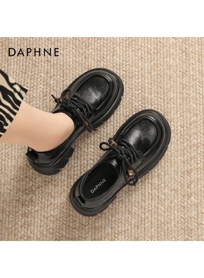 Daphne Women's Low Heel Single Shoes, Round Toe Comfortable Thick Sole Leather Lace-up Work Formal Shoes, Black, Size 34 - Image 5
