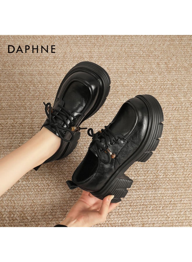 Daphne Women's Low Heel Single Shoes, Round Toe Comfortable Thick Sole Leather Lace-up Work Formal Shoes, Black, Size 34 - Image 4