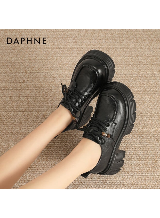 Daphne Women's Low Heel Single Shoes, Round Toe Comfortable Thick Sole Leather Lace-up Work Formal Shoes, Black, Size 34 - Image 3