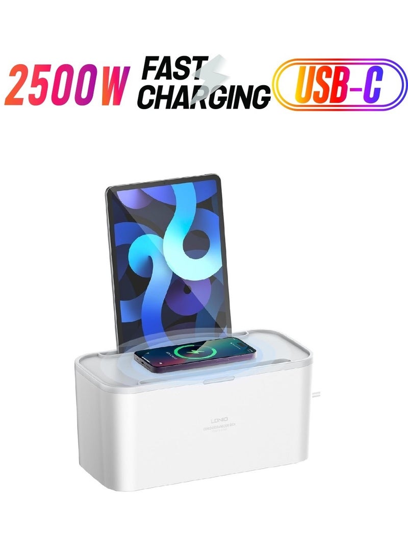 LDNIO - 4-in-1 Power Extension Cord with 15W Wireless Charger and Cable Management Box, 5 Universal Socket Outlets 30W USB-C, USB-A & QC3.0 Ports, 2 Tablet holders and 2M Extension Cord - Image 1