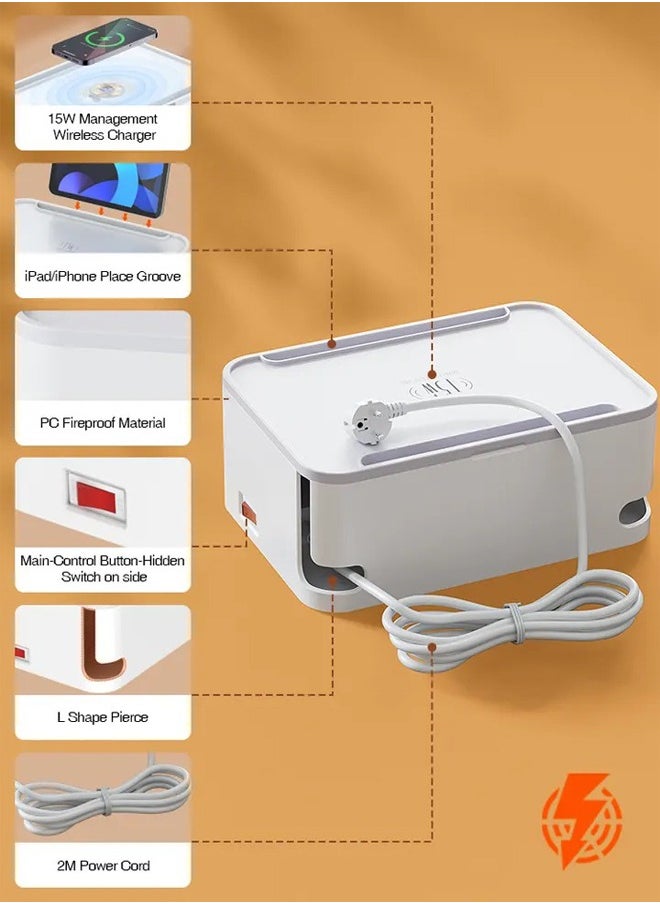 LDNIO - 4-in-1 Power Extension Cord with 15W Wireless Charger and Cable Management Box, 5 Universal Socket Outlets 30W USB-C, USB-A & QC3.0 Ports, 2 Tablet holders and 2M Extension Cord - Image 1
