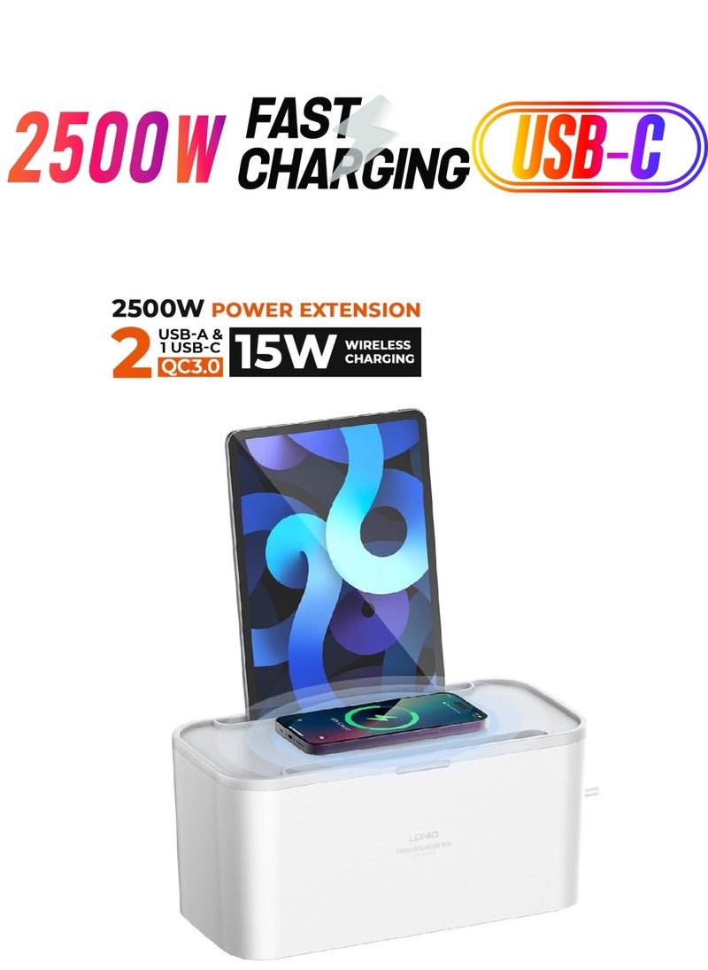 LDNIO - 4-in-1 Power Extension Cord with 15W Wireless Charger and Cable Management Box, 5 Universal Socket Outlets 30W USB-C, USB-A & QC3.0 Ports, 2 Tablet holders and 2M Extension Cord - Image 1