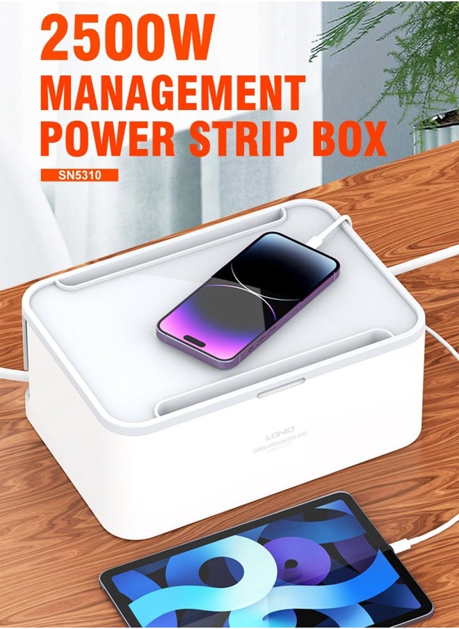 LDNIO - 4-in-1 Power Extension Cord with 15W Wireless Charger and Cable Management Box, 5 Universal Socket Outlets 30W USB-C, USB-A & QC3.0 Ports, 2 Tablet holders and 2M Extension Cord - Image 1