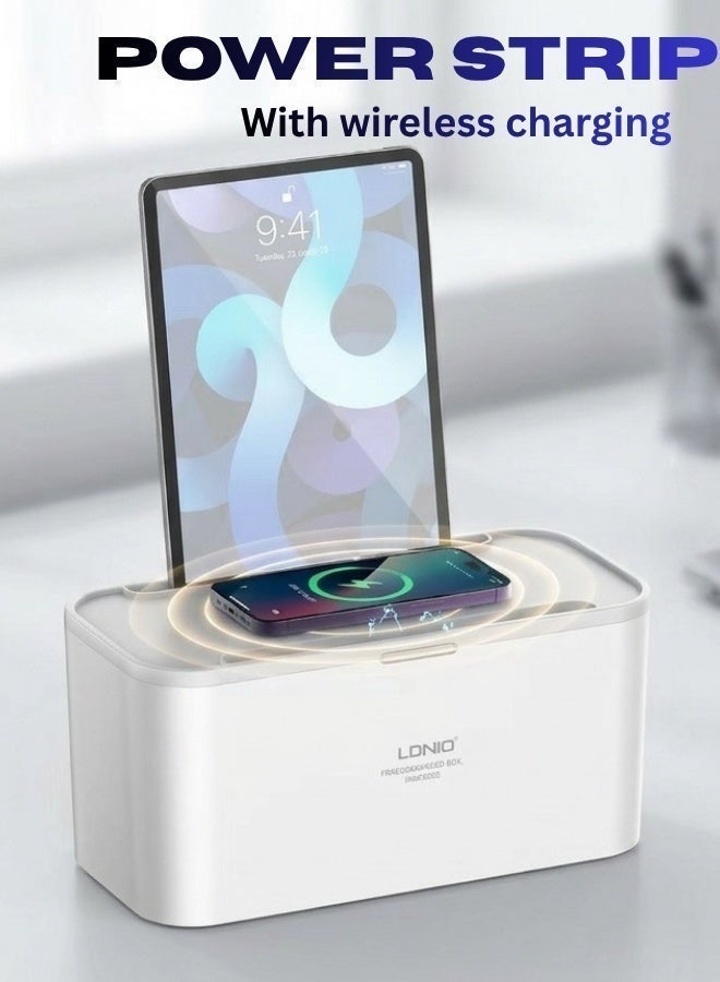 LDNIO 4-in-1 Power Extension Cord, 2 Meter Universal Extension Lead with 15W Wireless Charger, 5 Universal UK/US/EU Socket Outlets, 3 USB + 1 USB-C 30W & QC3.0 Ports, 2 Tablet Holders, Cable Management Box, Power Strip for Home, Office & Kitchen, International Safety Standard - Image 1