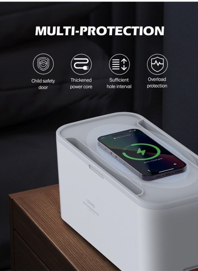LDNIO 4-in-1 Power Extension Cord, 2 Meter Universal Extension Lead with 15W Wireless Charger, 5 Universal UK/US/EU Socket Outlets, 3 USB + 1 USB-C 30W & QC3.0 Ports, 2 Tablet Holders, Cable Management Box, Power Strip for Home, Office & Kitchen, International Safety Standard - Image 2
