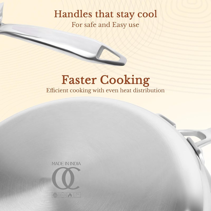 Omichef Primax 22CM 145 LTR Triply Stainless Steel Frypan with Lid Induction Compatible Triple Layer SAS Technology Stay Cool Handle Frypan with Lid 22CM - Image 5
