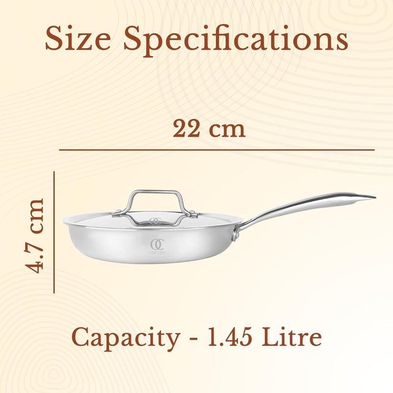Omichef Primax 22CM 145 LTR Triply Stainless Steel Frypan with Lid Induction Compatible Triple Layer SAS Technology Stay Cool Handle Frypan with Lid 22CM - Image 3